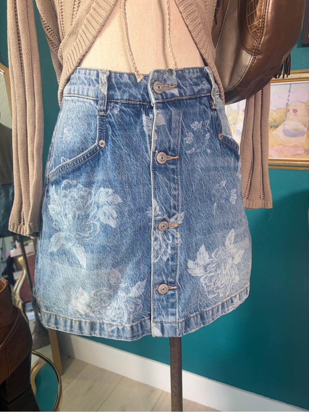 Free People Floral Button Front Denim Skort Size 10